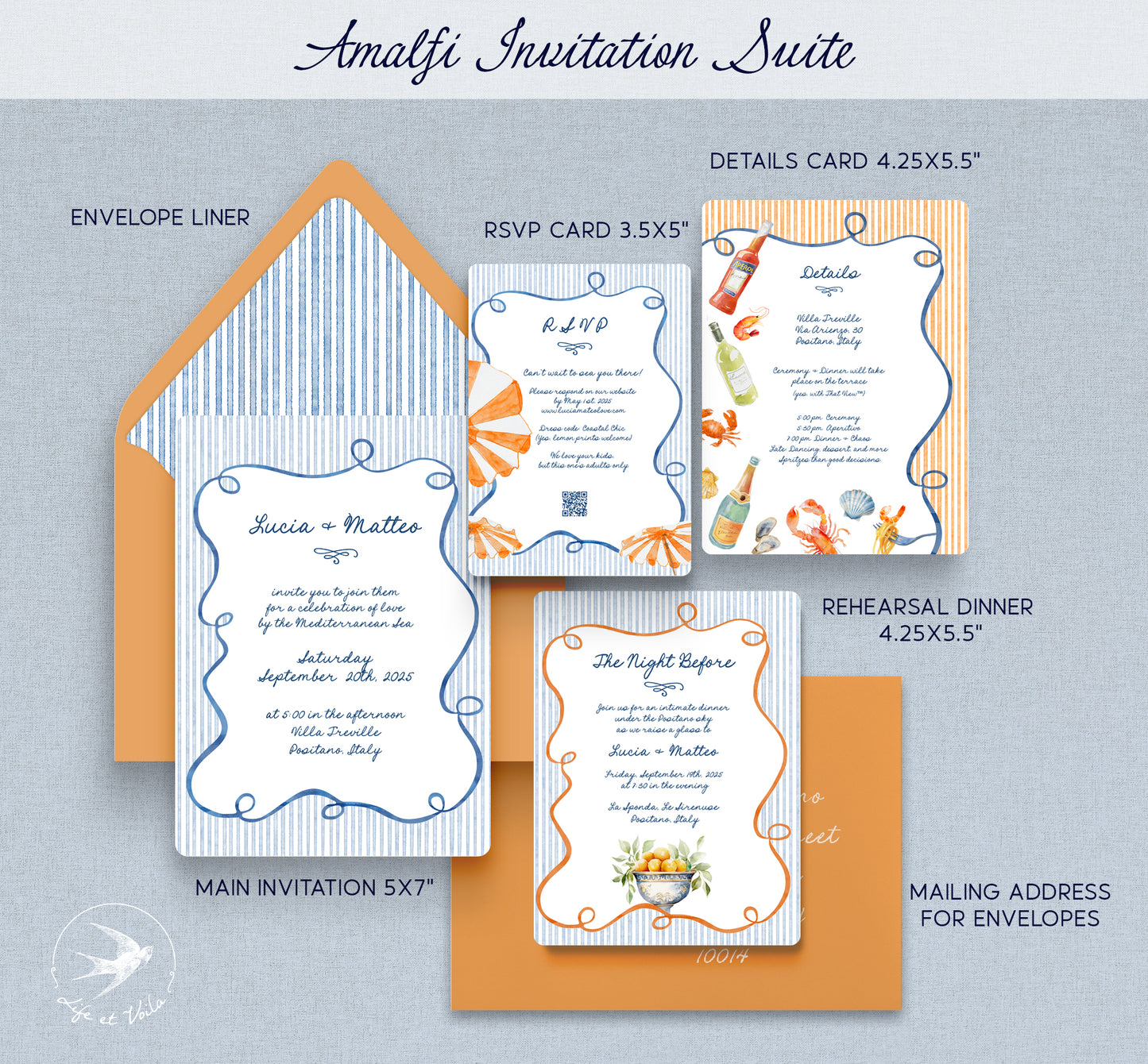 Amalfi Whimsical Wedding Invitation Suite | Editable Canva Template