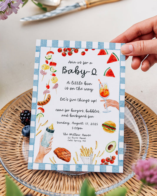 Invitation Baby-Q modifiable pour une baby shower | Baby-shower barbecue | Modèle Canva modifiable