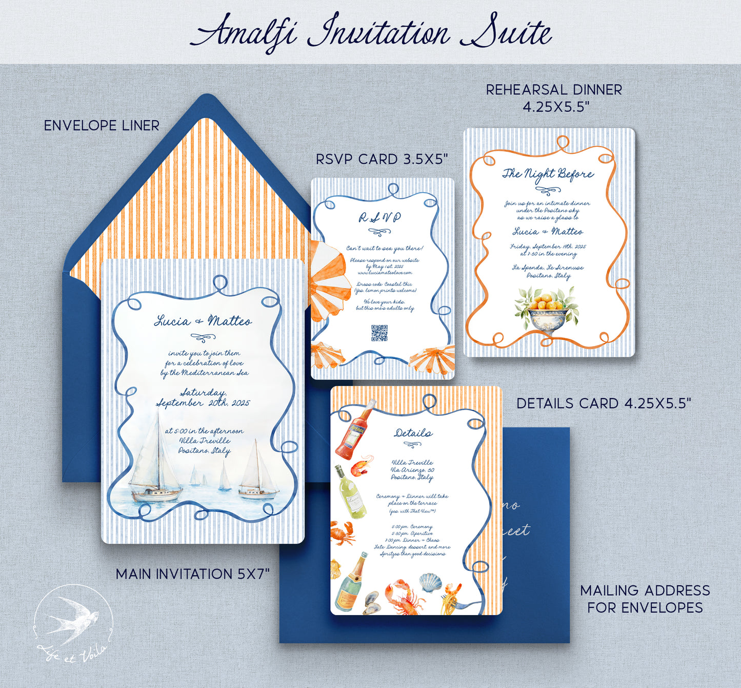 Amalfi Whimsical Wedding Invitation Suite | Editable Canva Template