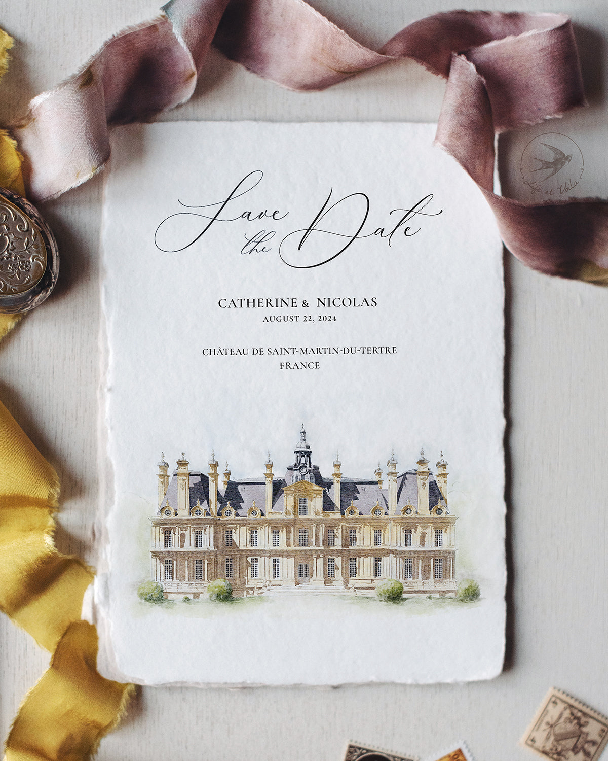 Biglietto Save-the-Date personalizzato con illustrazione del luogo in acquerello