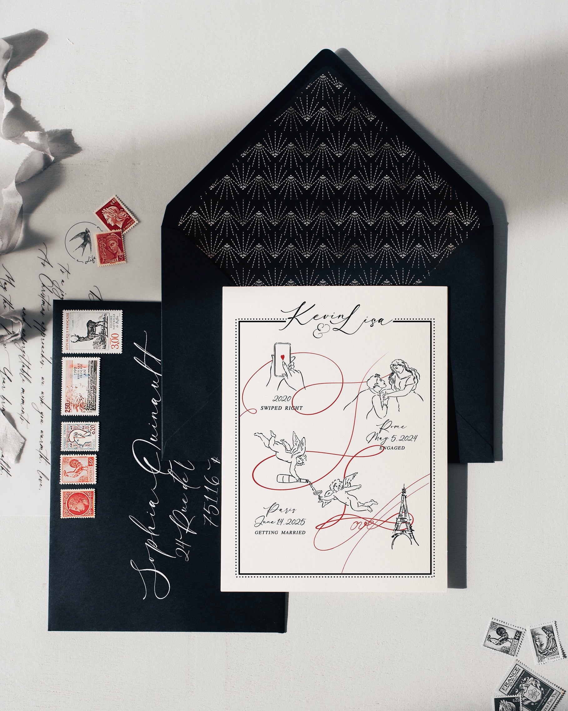 Personalized love story timeline with whimsical line drawings, showcasing key moments in a couple's journey, connected by a flowing red line with 'love' elegantly incorporated.