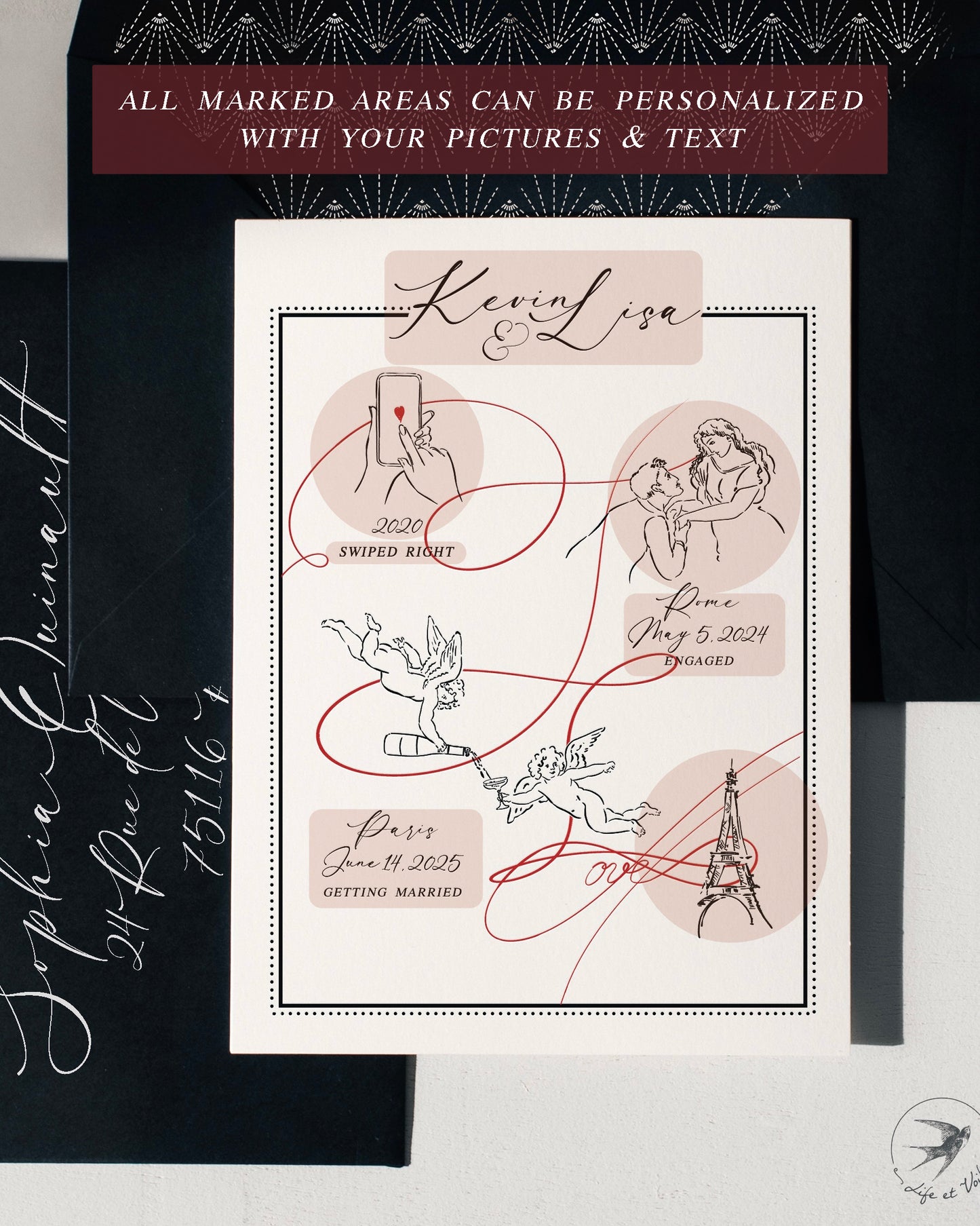 Personalized love story timeline with whimsical line drawings, showcasing key moments in a couple's journey, connected by a flowing red line with 'love' elegantly incorporated.