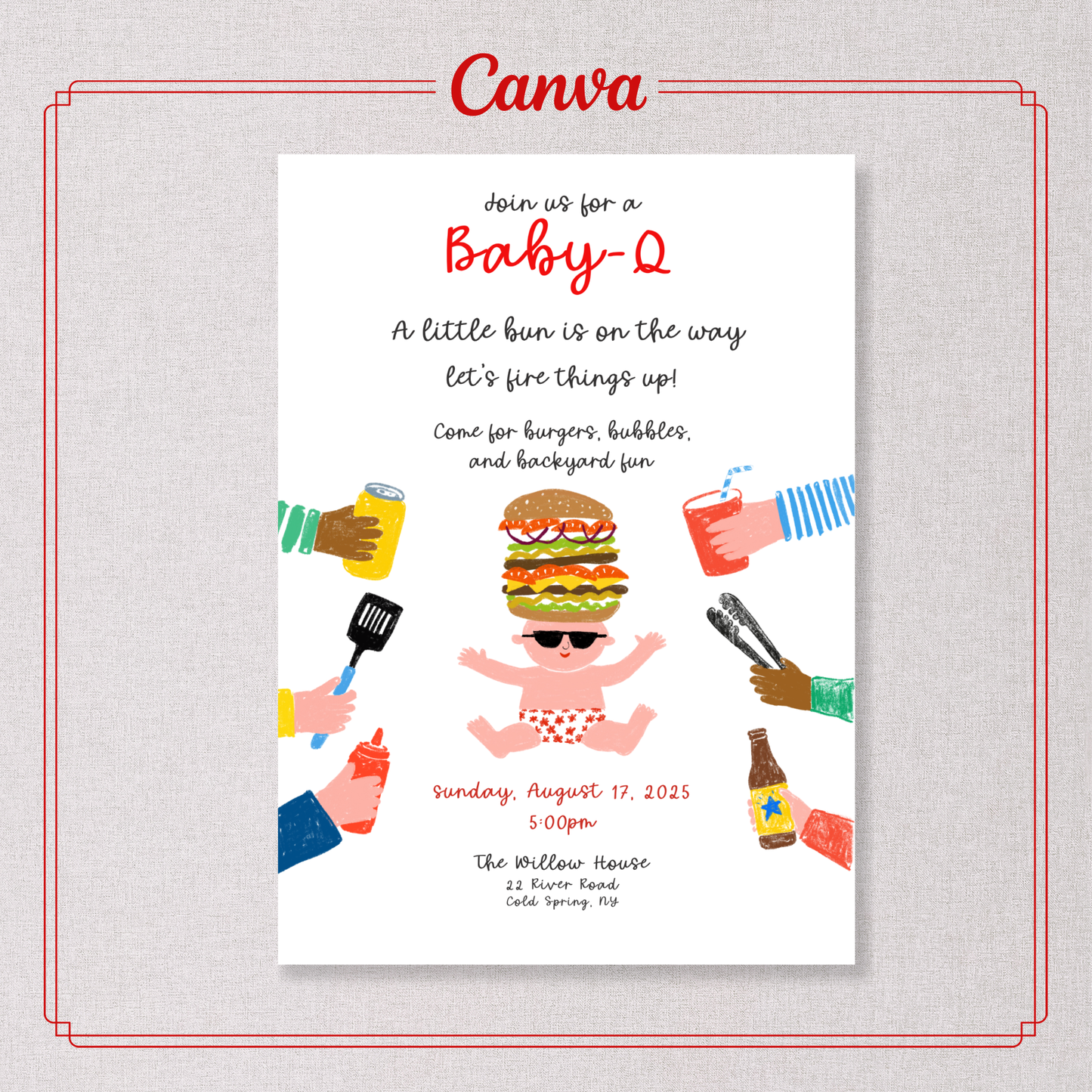Invitation de Baby Shower Baby Q Fantaisie | Baby Shower Barbecue | Modèle Canva animé, modifiable