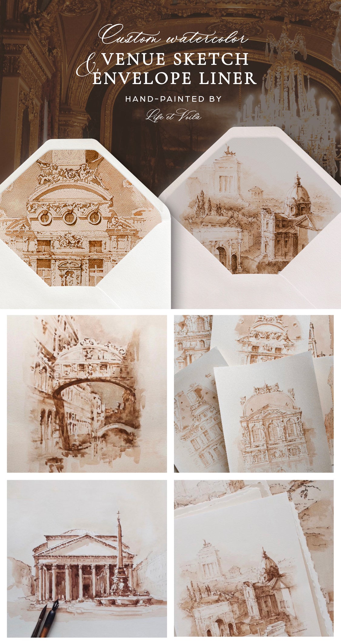 custom venue sketch bespoke wedding venue sketch envelope liner had-painted hand-drawn by Life et Voila