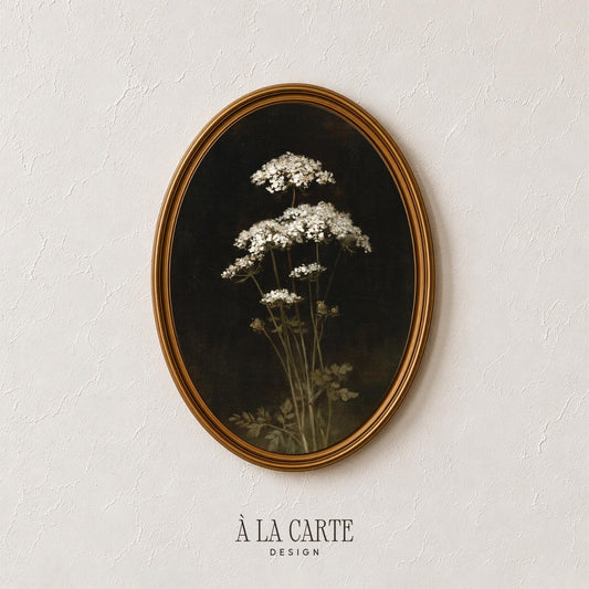 Delicate white blossom artwork poster for parlor — dark academia inspired with soft florals and rich, atmospheric vintage aesthetic