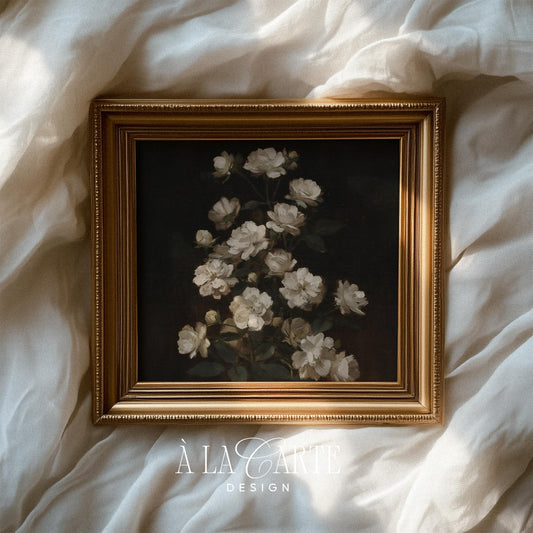White roses printable art for bedroom — moody vintage painting with dark background and romantic botanical aesthetic