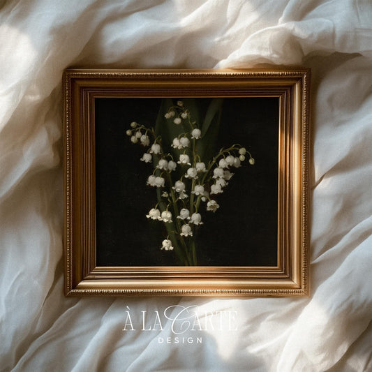 Antique flower study digital print — moody lily cluster with arching stems and atmospheric chiaroscuro