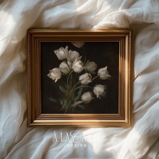 Vintage tulip cluster print for dining room — elegant moody composition with painterly texture