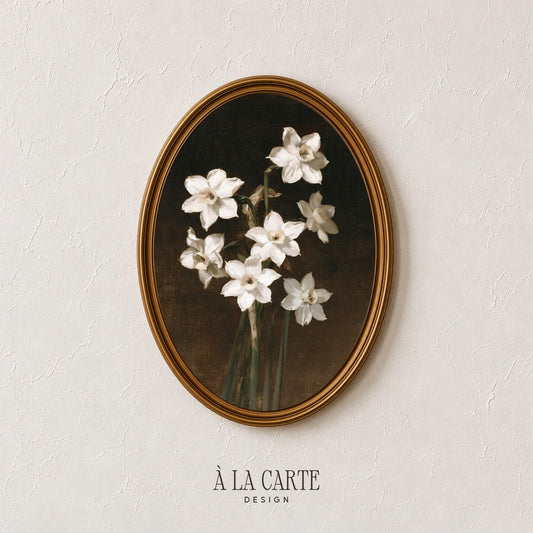 Luminous white petals digital print for entryway — vintage still life with deep moody backdrop