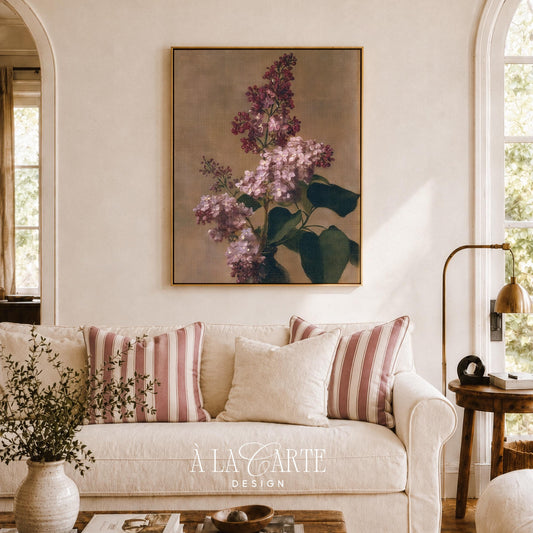 Flowering lilac printable art for bedroom — romantic cottage-style botanical painting with lush green foliage
