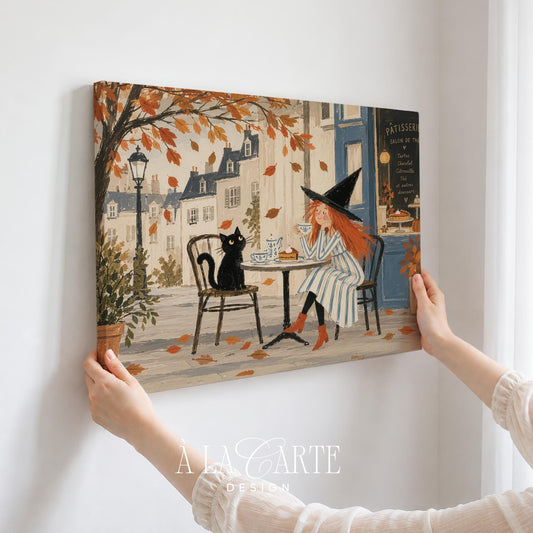 Charming tea time artwork featuring elegant witch — printable wall art with vintage color palette and storybook mood