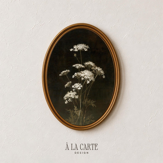 Dark academia flower wall art printable — vintage botanical study with aged atmospheric quality and muted foliage accents