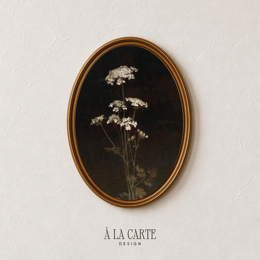 Dark academia floral artwork for library — delicate white blooms on black with soft shadow and fine details