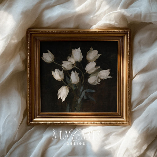 Antique blossom picture for entryway — textured vintage aesthetic with creamy white flowers