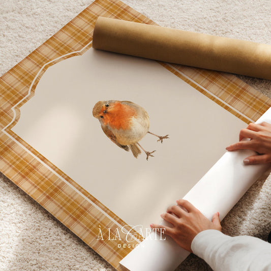 Cozy bird illustration poster for hallway — small robin with brown plumage on rustic golden backdrop