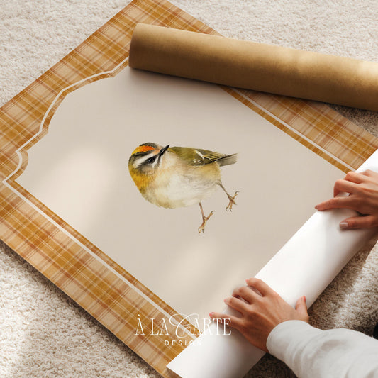 Feathered songbird picture for cottage décor — vintage-inspired watercolor painting with cream and orange tones