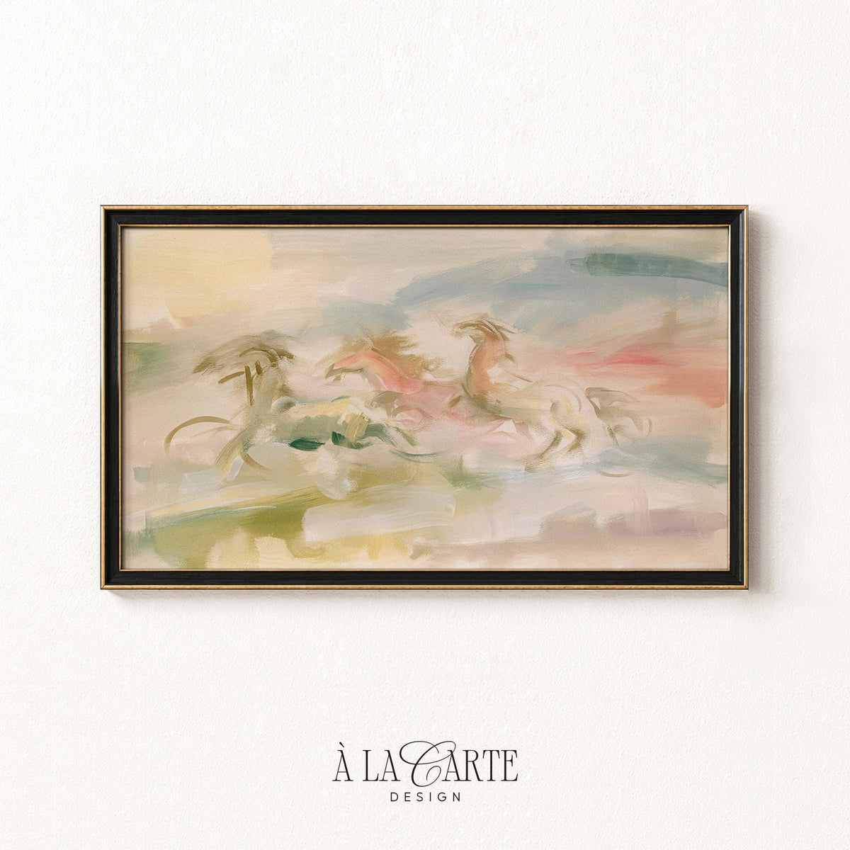 Dreamy herd in motion digital art for Samsung Frame TV — muted blush pink and powder blue with gentle, flowing brushwork