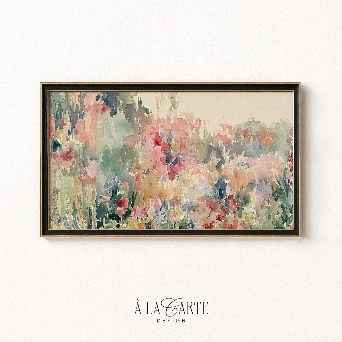 Soft garden bloom TV art for kitchen — romantic watercolor florals in magenta, coral, and dusty blue tones
