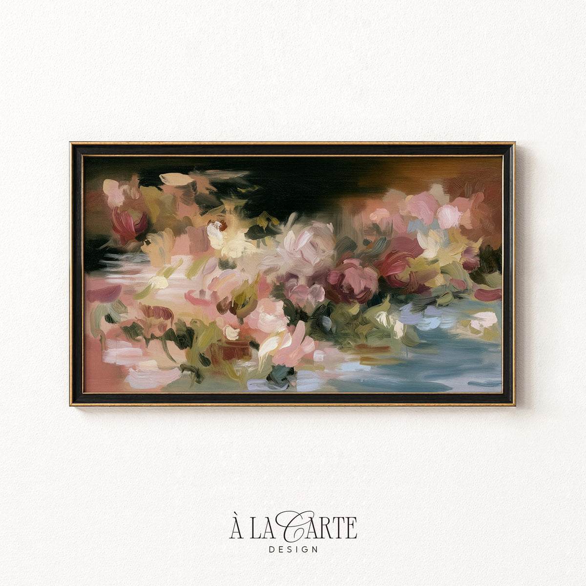 Textured flower study Samsung Frame TV screensaver — dark romantic aesthetic with gold and blue accents throughout
