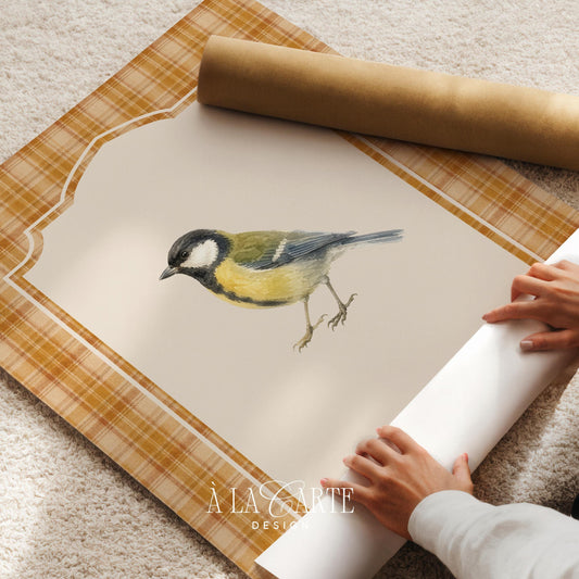 Garden songbird gallery wall art print — warm autumn-inspired design with scalloped frame and plaid background