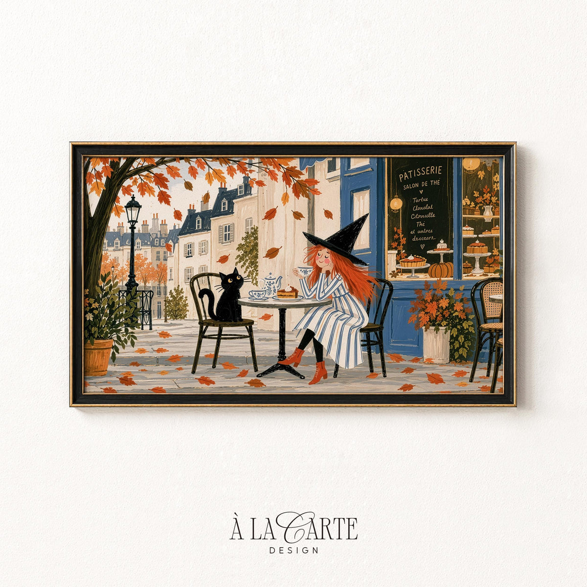 Black cat and witch at bistro Frame TV art — whimsical autumn café TV painting download with bakery storefront and falling leaves