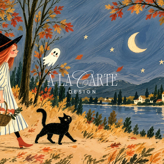 Witch and familiar walking through enchanted woods TV art for bedroom — folk-art style fall illustration with vintage storybook palette and stars