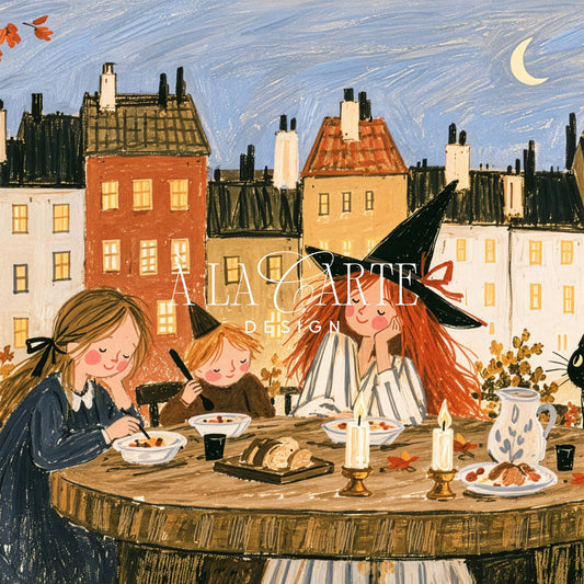 Young autumn revelers at moonlit feast TV as painting — vintage children's book illustration aesthetic Frame TV download with Halloween accents and village silhouettes