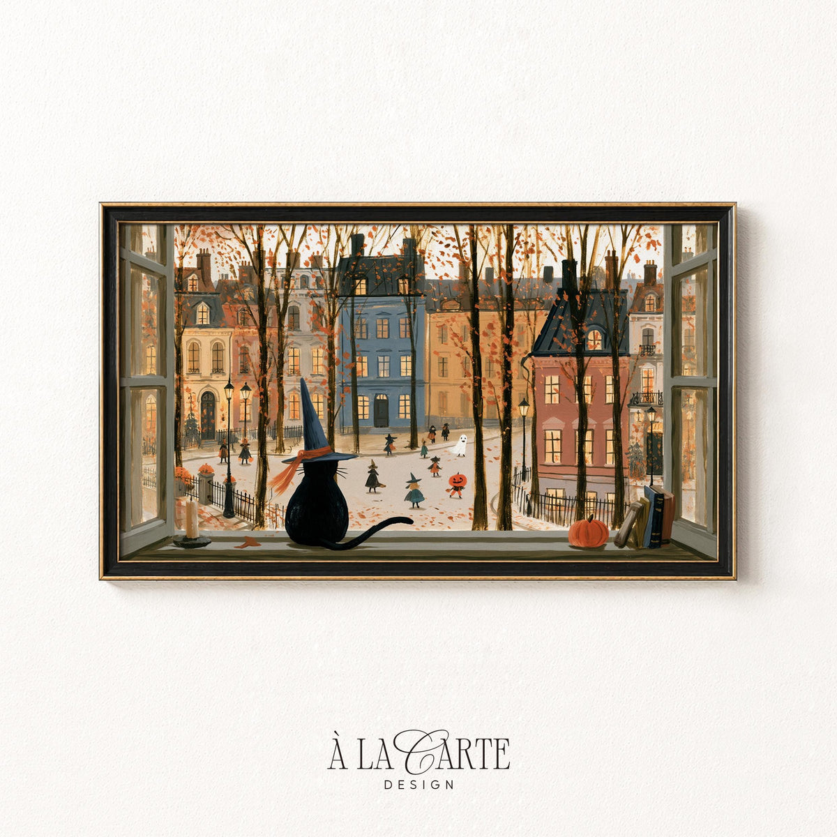 Witch cat on windowsill Samsung Frame TV art — whimsical fall TV screensaver featuring European town square and festive harvest elements