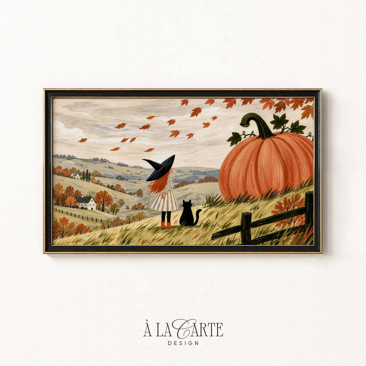 Witch girl with black cat admiring giant pumpkin Frame TV art — cozy autumn countryside Samsung art TV featuring folk-art style with rolling hills