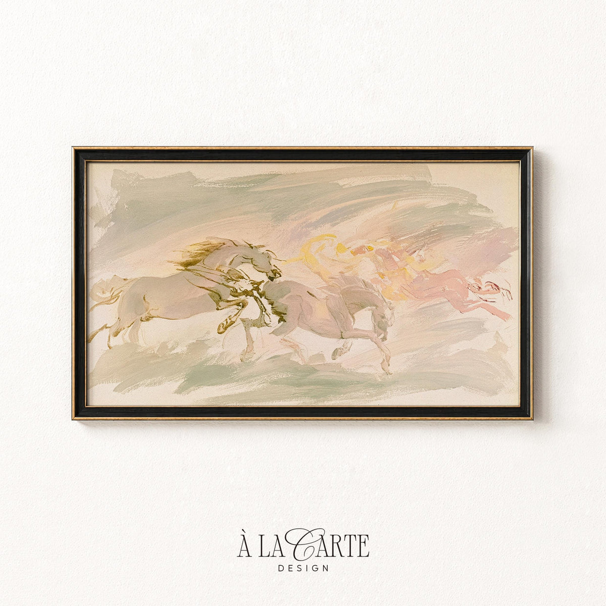 Prancing equines Frame TV art — panoramic digital screensaver with blended pastels and sweeping movement