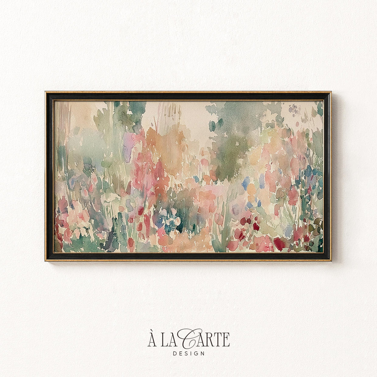 Hazy meadow Frame TV art for bedroom — loose brushstroke floral painting in coral, lavender, and muted greens TV download