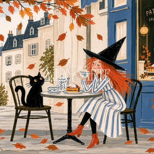 Cozy fall café scene Samsung art TV — illustrated witch character at outdoor table, Frame TV artwork with patisserie charm and seasonal colors