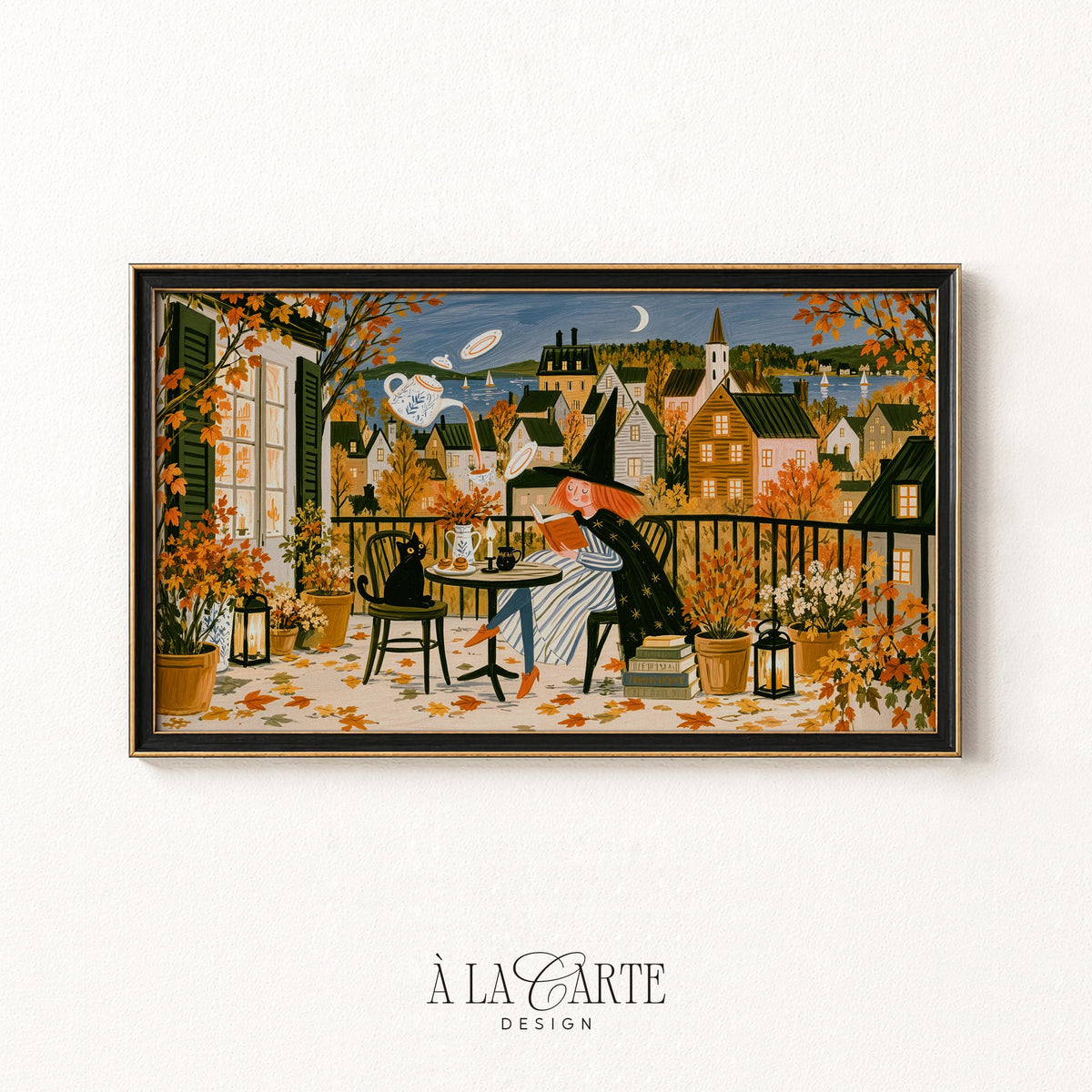 Cozy café scene with witch and black cat Samsung Frame TV art — festive fall television artwork with potted plants and storybook aesthetic