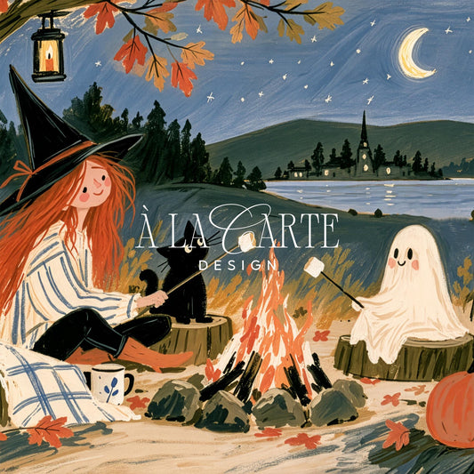 Autumn folklore-inspired Samsung picture TV art showcasing whimsical witch character, black cat, friendly phantom around marshmallow roast with lantern glow