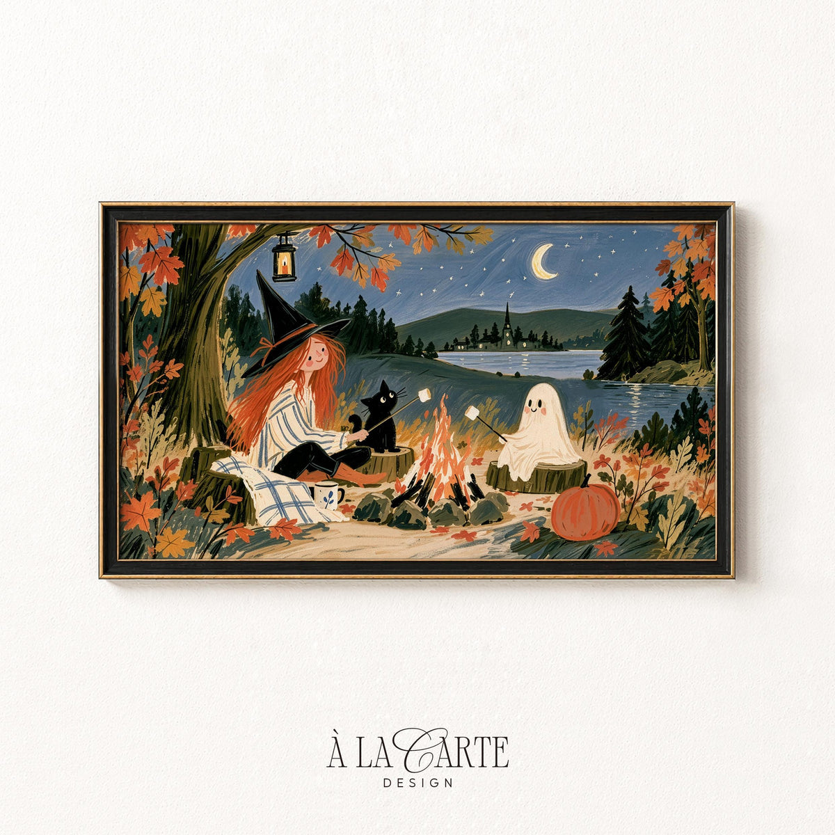 Moonlit campfire scene Samsung Frame TV art — cute witch character with ghost friend and feline companion enjoying marshmallows under starry sky