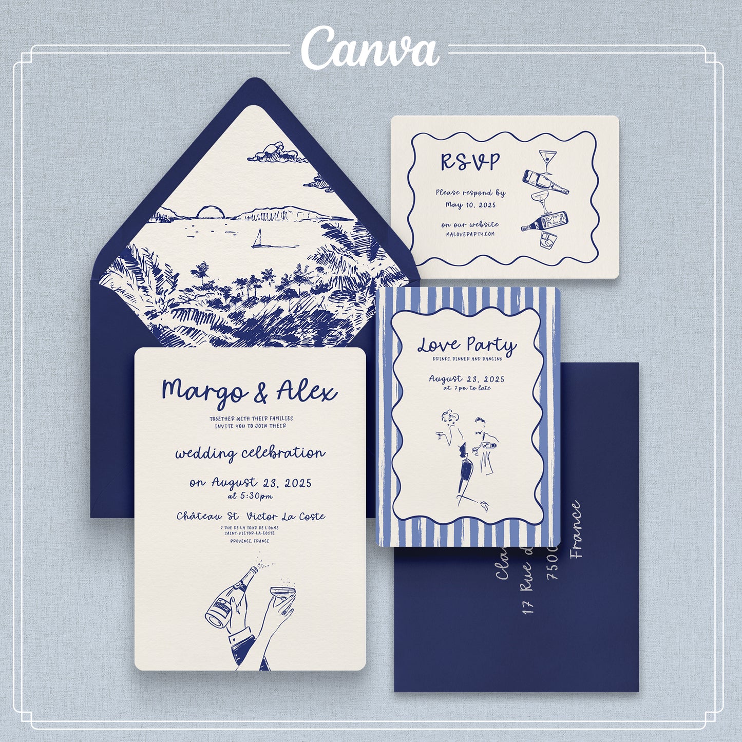 Riviera Cocktails | Suite di Inviti di Nozze Stravaganti | Modello Canva Modificabile
