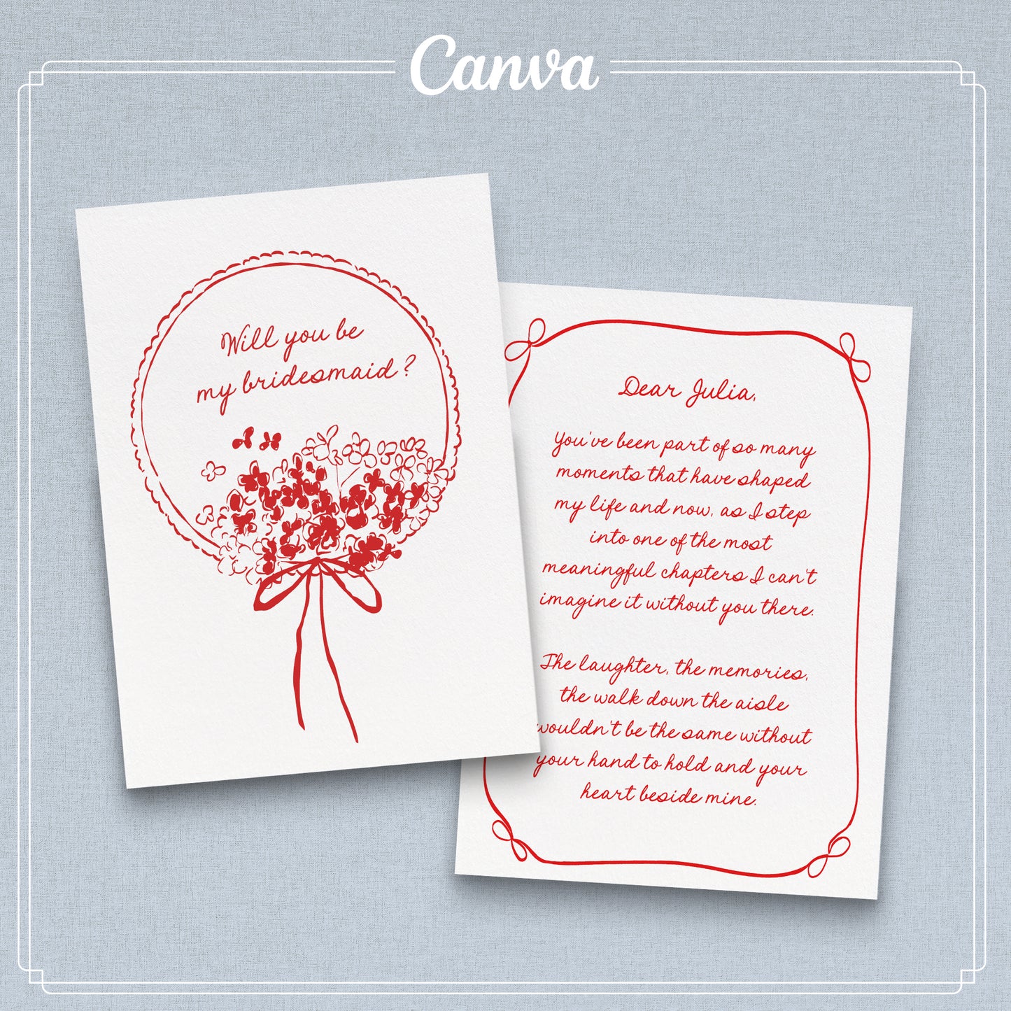 Will You Be My Bridesmaid | Whimsical Bridesmaid Proposal | Editable Canva Template | Red
