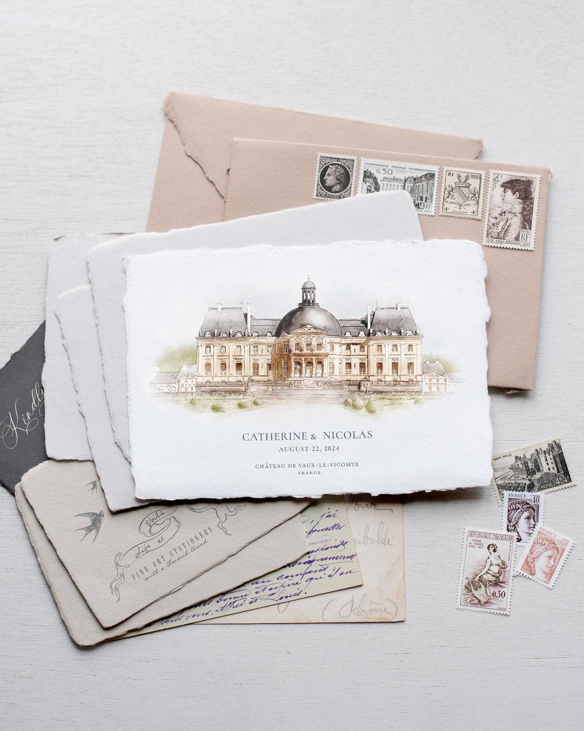 Biglietto Save-the-Date personalizzato con illustrazione del luogo in acquerello