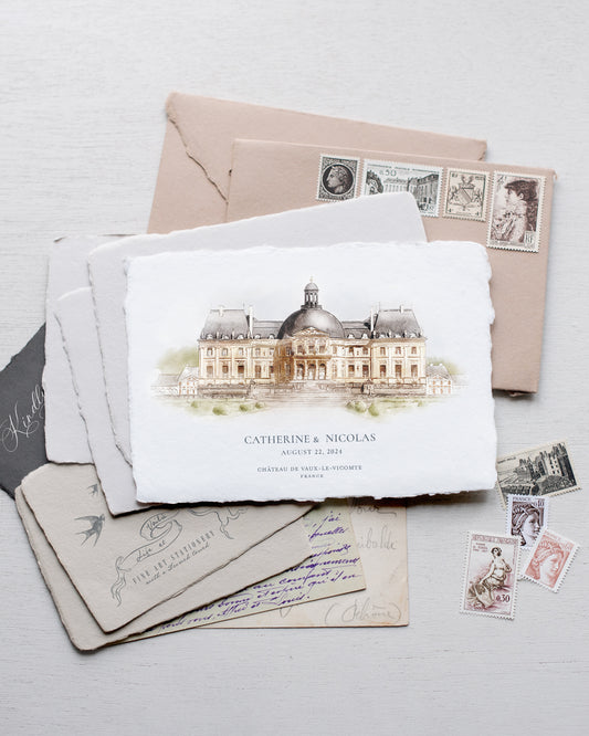 Save-the-Date sur mesure avec illustration du lieu à l’aquarelle