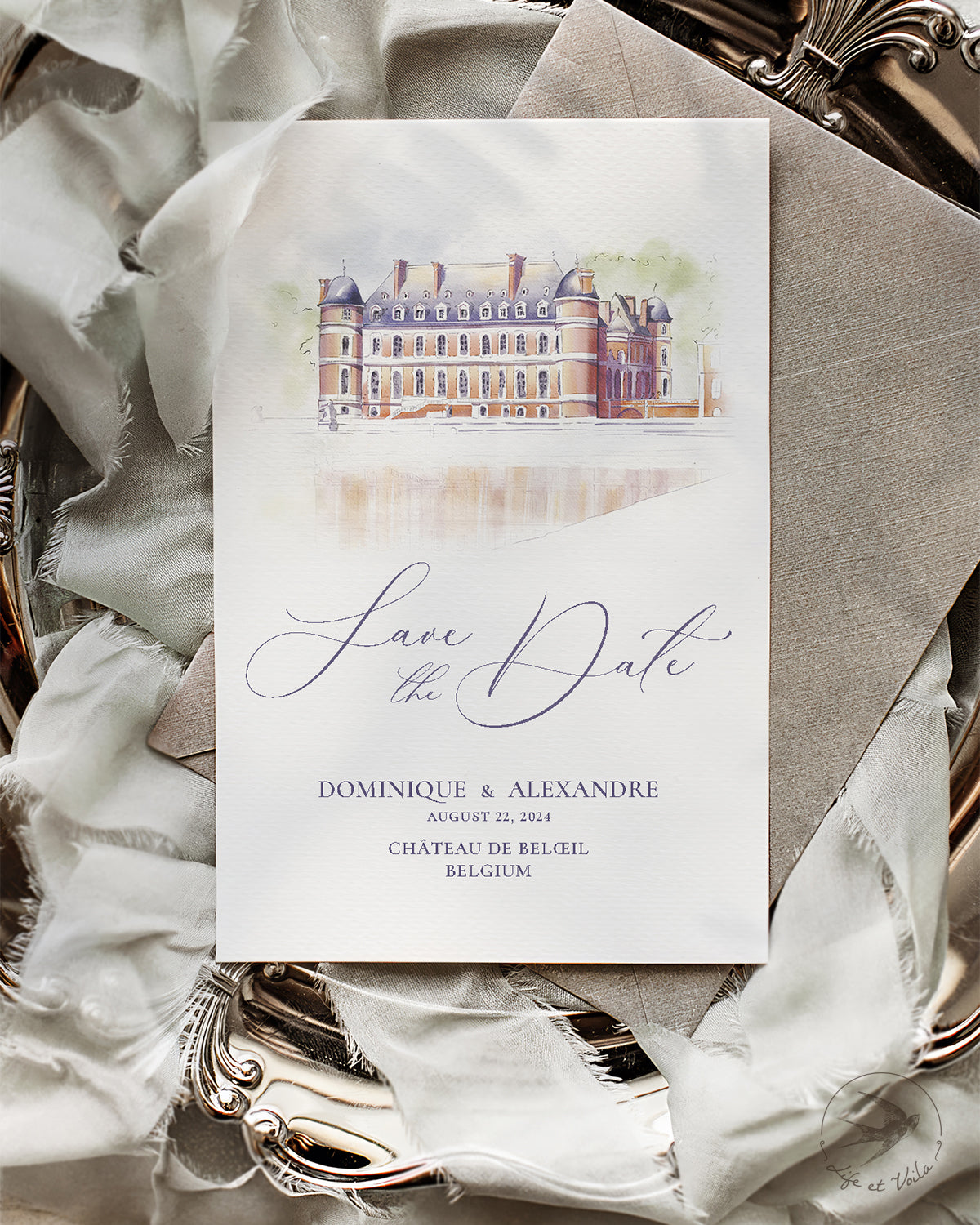 Biglietto Save-the-Date personalizzato con illustrazione del luogo in acquerello