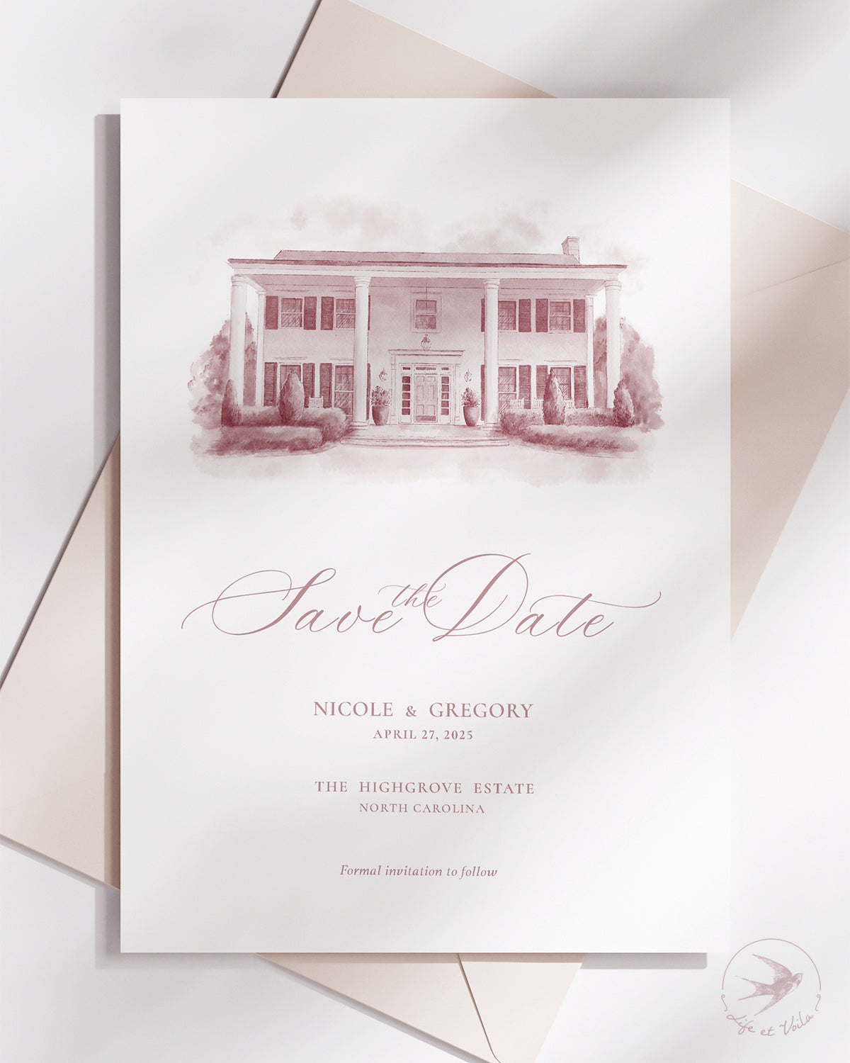 Biglietto Save-the-Date personalizzato con illustrazione del luogo in acquerello
