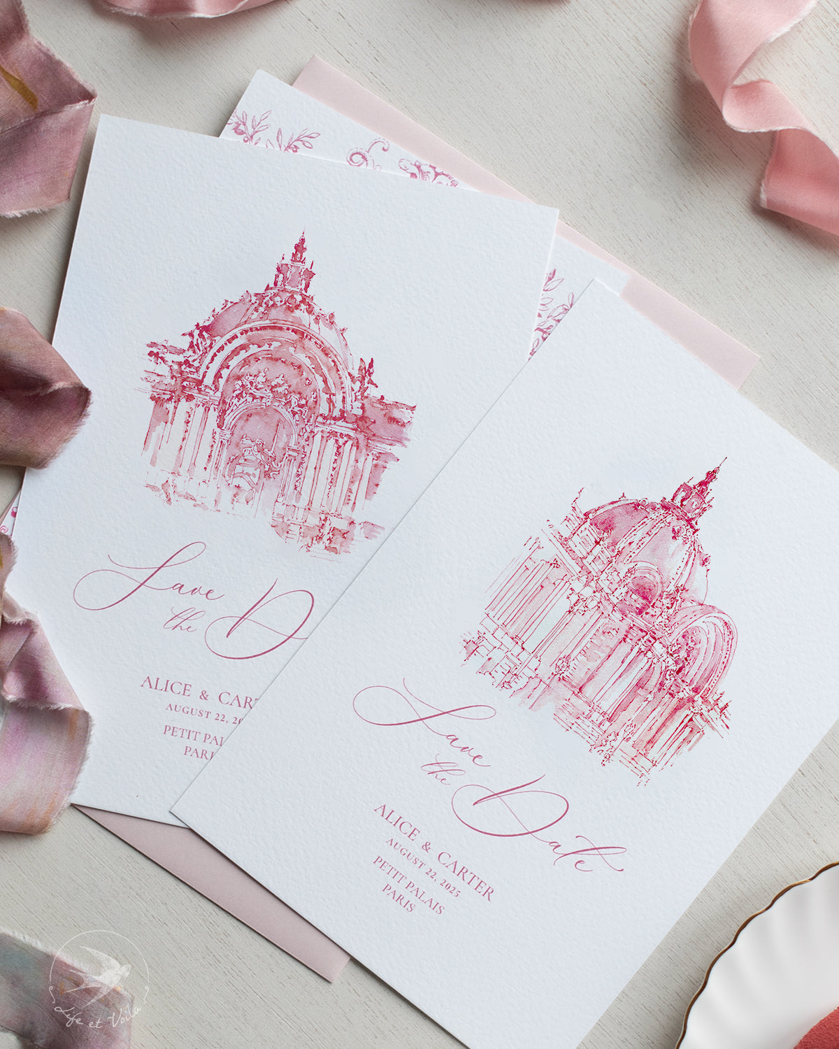 Biglietto Save-the-Date personalizzato con illustrazione del luogo in acquerello