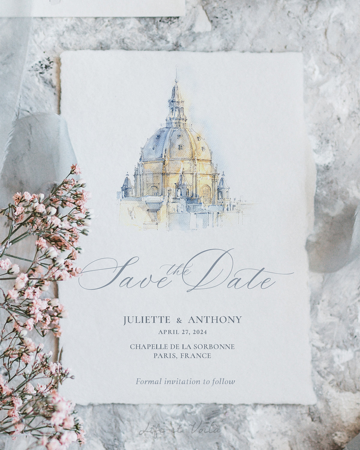 Biglietto Save-the-Date personalizzato con illustrazione del luogo in acquerello