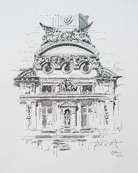 Façade du Louvre Esquisse originale à l'encre noire