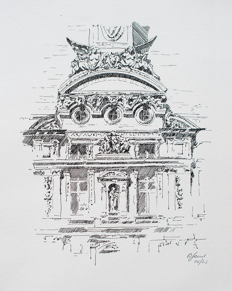 Facade of Louvre Black Ink Original Sketch