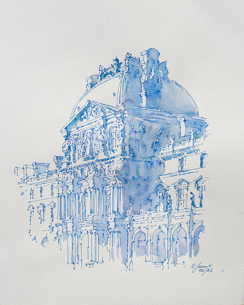 Louvre Blue Acquerello e inchiostro Bozzetto originale
