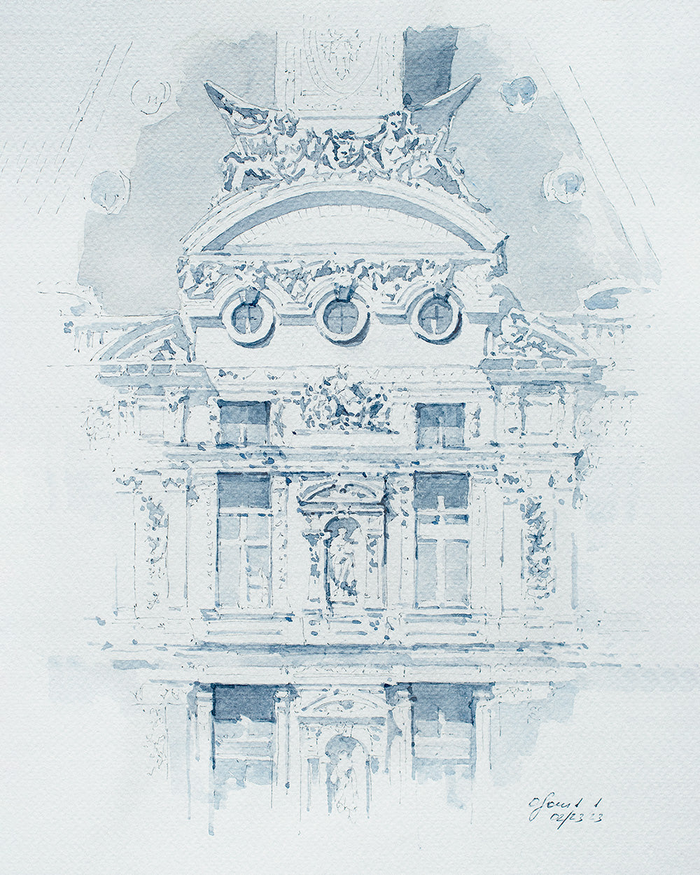Facciata del Louvre Acquerello originale