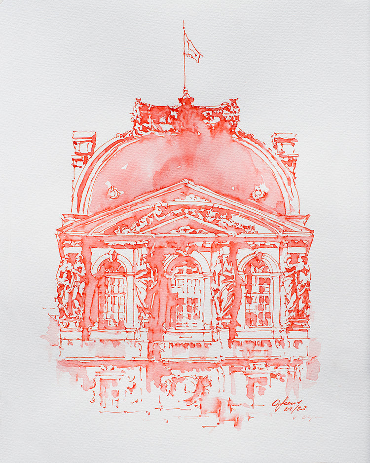 Facade of Louvre Red Watercolor and Ink Original Sketch