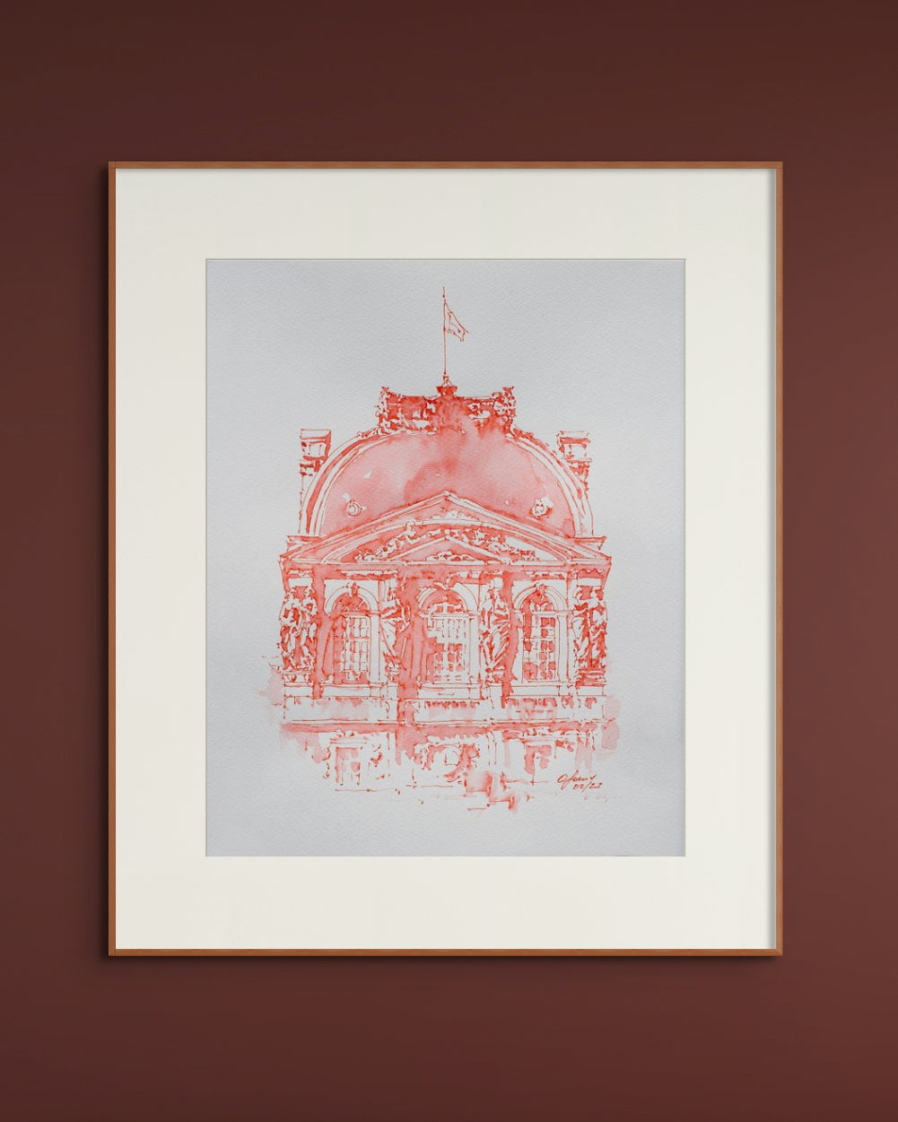 Facciata del Louvre Acquerello rosso e schizzo originale a inchiostro