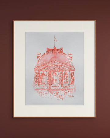 Facade of Louvre Red Watercolor and Ink Original Sketch
